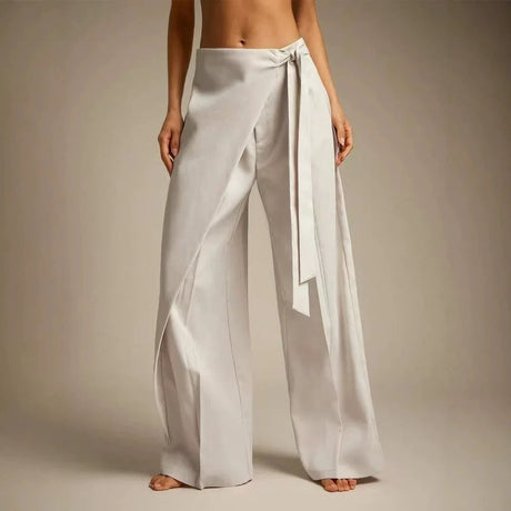 Women High Waist Wide Leg Pants Loose Wrap Tie Knot Asymmetric Pleated Trousers Beach Casual Bottoms