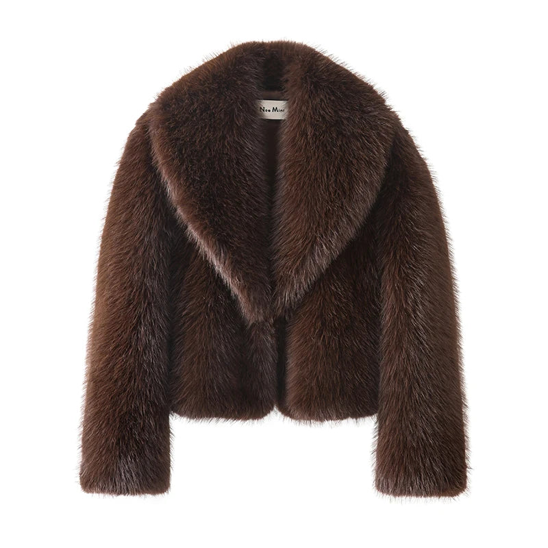 Neo Mint Street Fashion Shawl Collar Faux Fox Fur Coat Women 2024 Winter Cool Girls Black Short Fur Jacket Vintage Chic Overcoat