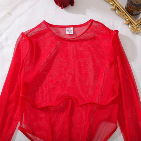 Red Exotic Bodysuits Tempted Fitting Lingeries Femme Ultra Hot Sexy See Through Mesh Splicing Crotchless Teddies Sissy Underwear