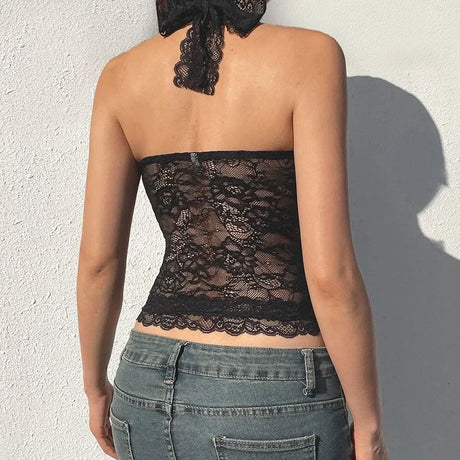 Y2K Women Lace Halter Neck Tank Tops Sleeveless Backless Tie-Up Camisole Summer Crop Tops Going Out Streetwear Party Tops