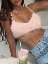 Tossy Crop Top Women Camisole Spaghetti Strap Scoop Neck Fuzzy Knit Party Club Sleeveless Slim Fit Spring Summer Y2K Casual Top