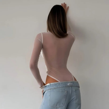 New 2026 White Bandage Bodysuit Women Mesh Transparent Sexy Slim Stretchy Jumpsuit Top T-shirt Long Sleeve Design 66005