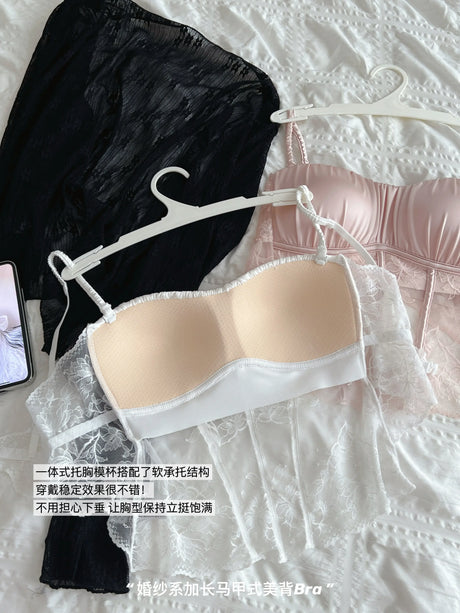 Women Elegant French Longline Lingerie, Lace Satin Wireless Bra, Push Up Sexy Open Back, Luxury Bridal Underwear Fit Small Bust