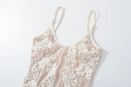 Sexy See Through Lace With Lining Backless Spaghetti Strap Bodysuit Woman Sling Tight Short Jumpsuit Slim Fit Rompers Playsuits