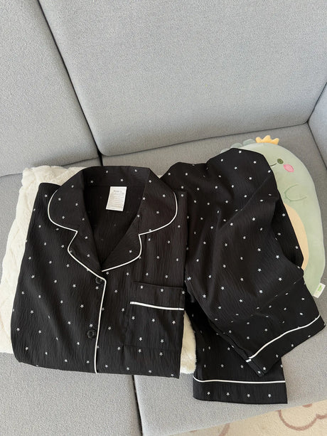 Spring and Autumn Large Black Pajama Women's Long Sleeve Set Sweet Cardigan High End Home Clothes Ladies Nightwear Star Print