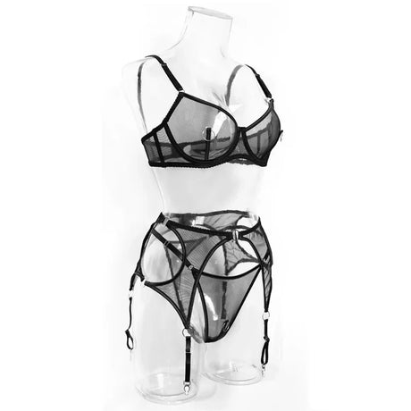 Lingerie Set Sexy See Through Mesh Push Up Bra Contrast Color Metal Ring Decor High Elasticity Two Piece Sexy Lingerie for Women