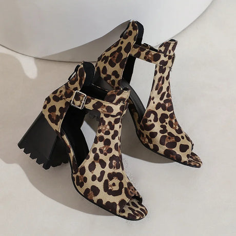 Summer Women's Fashion Peep Toe Thick Heel Sandals High-heeled Shoes for Woman Denim Leopard Print Sandalias de Mujer WSH5343