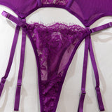 Sexy Purple Eyelash Lace Lingerie Set 3Pcs Mesh Transparent Fishbone Bustier Bra Panty with Stockings Sensual Underwear