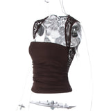 Hugcitar Summer Square Collar Solid Patchwork Lace Sexy Crop Tank Top Fashion Female Clothes Streetwear Vacation Club