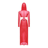 Women Wet Look Mesh Maxi Dress with Hooded Cosplay Sexy High Slit Lingerie Face Mask Long Sleeves Hollow Out Sheer Nightdress