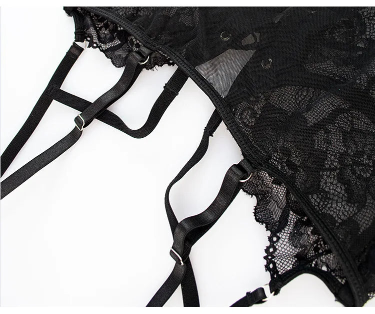 European and American Sexy See-through Dress Mesh Lace Garter Side One-Piece Underwear Women's Sexy Tight Jumpsuit Two-Piece Set