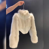 Cropped Faux Fur Coat Women Fashion Elegant Patchwork Fluffy Jacket Winter Ladies Korean Long Sleeve Furry Outerwears New