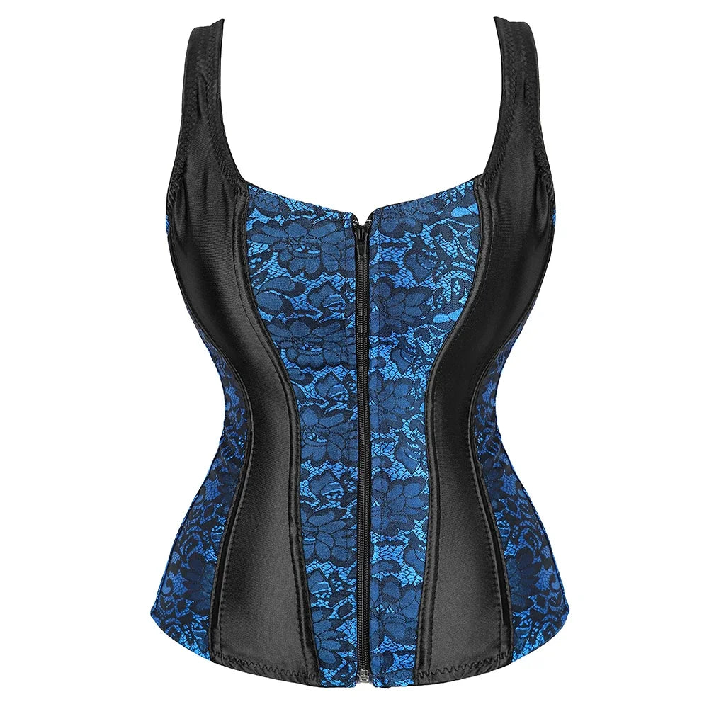 Gothic Corset Top With Straps Sexy Floral Zipper Brocade Overbust Lingerie Burlesque Body Shaper Lace Up Bustier Plus Size
