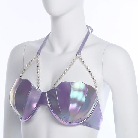 Women Shiny Bikini Bra Top Halter Neck Sheel Mermaid Swimwear Bead Chains Padded Bra Swim Tops Hawaii Beach Party Bathing Suit