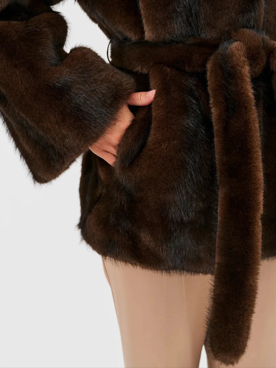 2026 Autumn Winter Women Faux Mink Fur Coat Lapel Collar Belted Long Jacket Luxury Fluffy Outerwear Brown