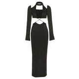 BoozRey Sexy Hipster Midi Dress Women Cleavage Hollow Backless Full Sleeve Solid Party Robe Female Slim High Street Attirewear