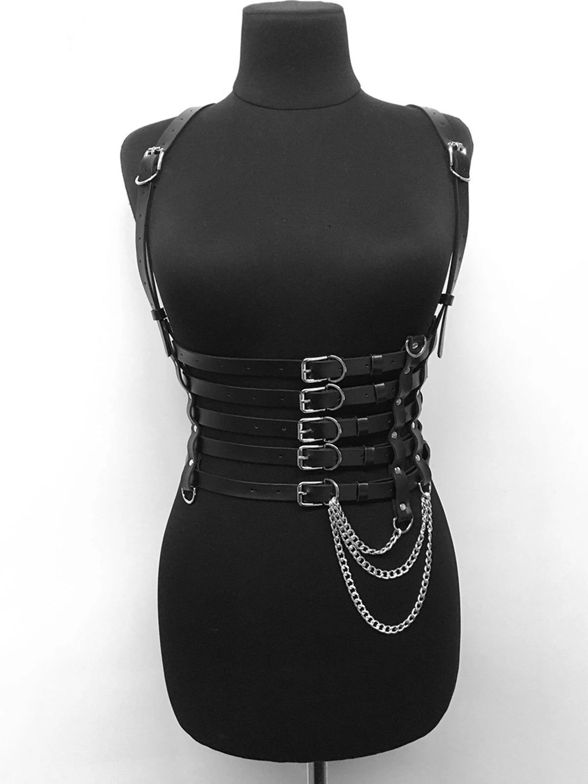 Women's Punk Rock Body Harness Belt with Chain - Adjustable Faux Leather Waist Cinch for Gothic Outfit
