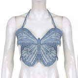 Hot Butterfly Jeans Crop Top Backless Strap Camis Sexy Lingerie Bow Bra Women Beach Mini Vest Butterfly Tank Tops Party Clubwear