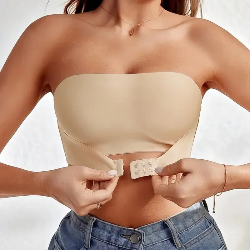 Women's Strapless Seamless Bra – Front Button, No Padding, Non-Slip Half Cup Silicone Underwear