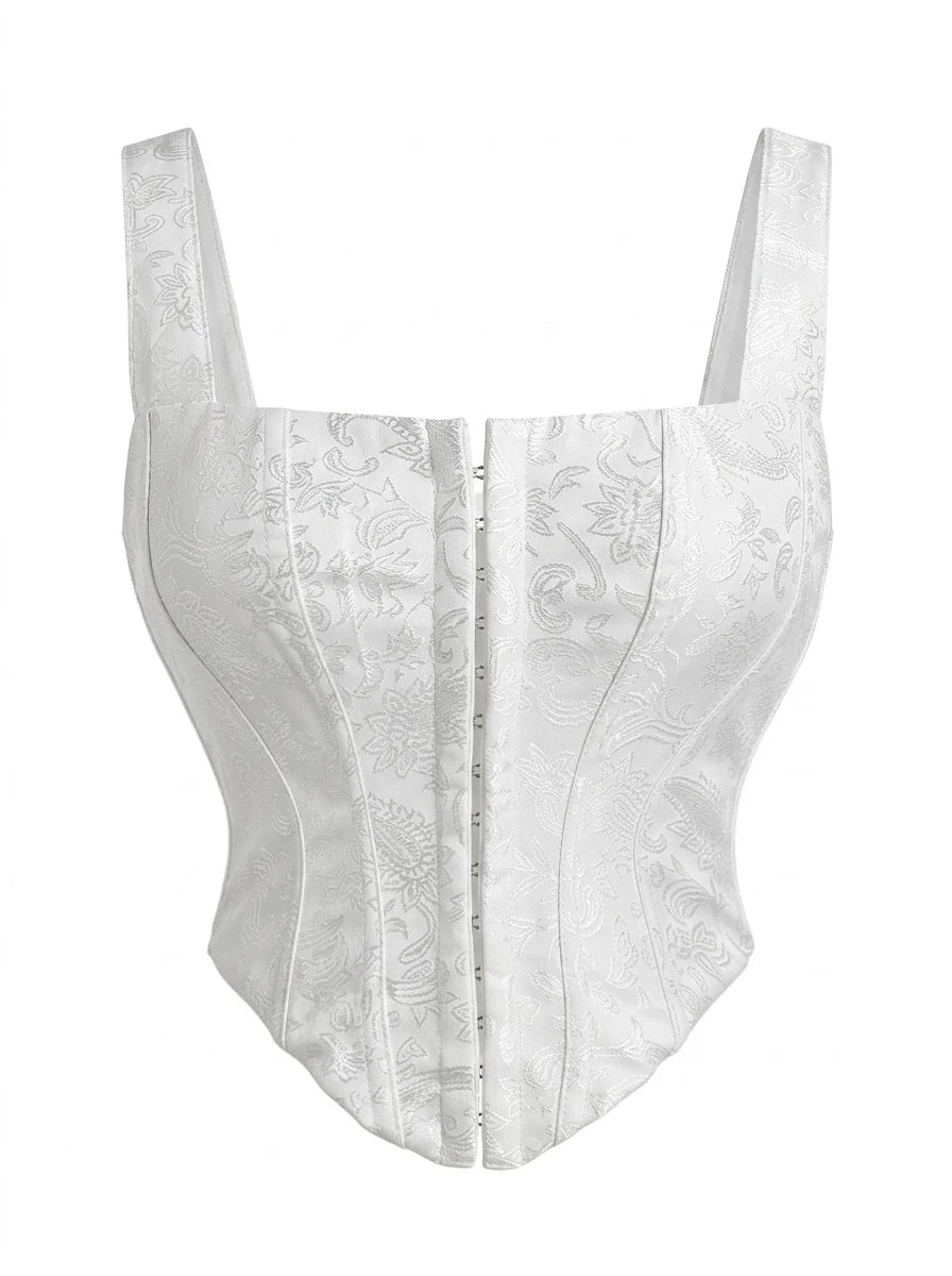 Floral Jacquard Wide Strap Corset Top Front Hook Back Lace Up Square Neck For Women