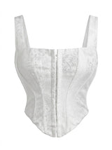 Floral Jacquard Wide Strap Corset Top Front Hook Back Lace Up Square Neck For Women