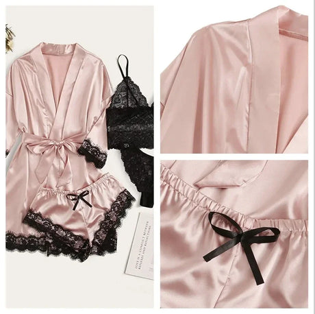 Women's Summer Sexy Pajama Pants Set 4 Pieces Lace Satin With Silk Sleepwear Robe Fashion And Comfortable Nightwear