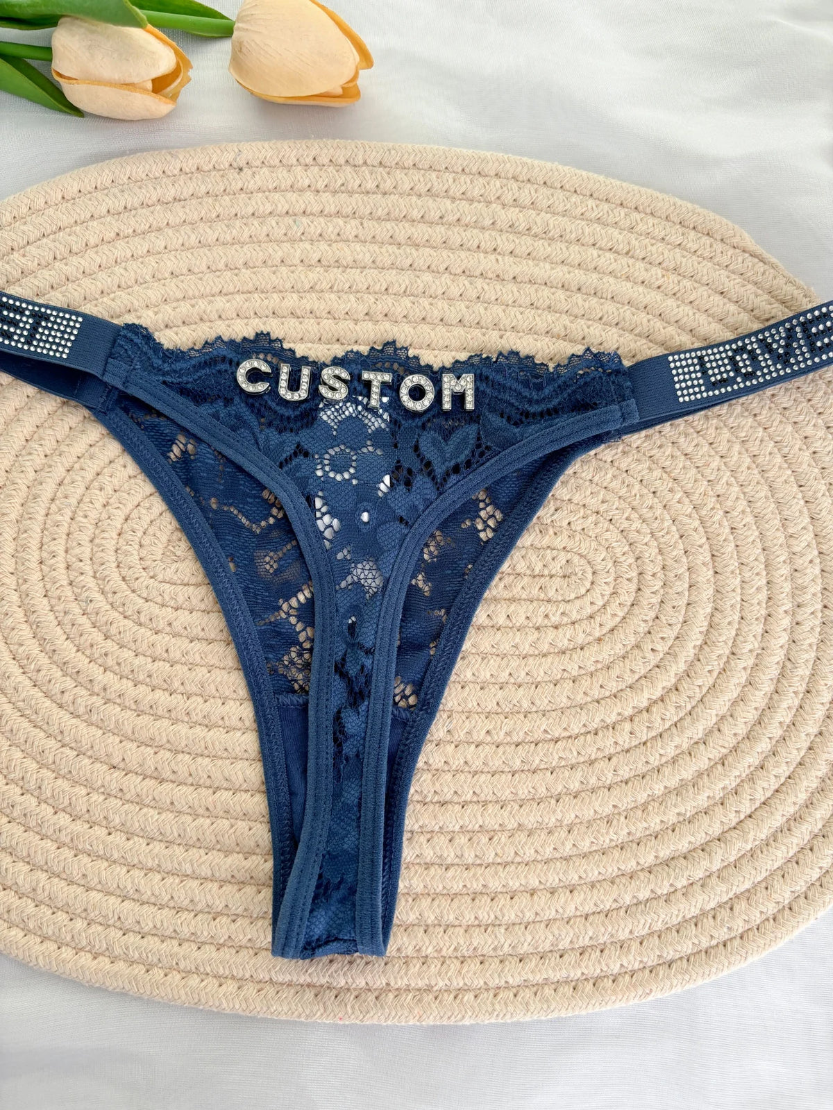 Custom Rhinestone Letter Name Thong Sexy Lace Panties Low-Rise Crystal Letter G-string Personalized Gift Wife Lover Anniversary
