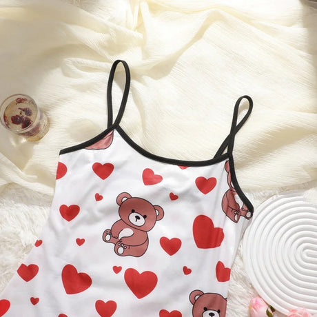 Summer Women Satin Sleepdress Cute Teddy Bear Butterfly Heart Floral Pinting Sleepwear Ladies Sexy Sling Ruffled Hem Loungewear