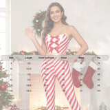 Christmas Candy Cane Women Cosplay Jumpsuit Gold Waistband Spaghetti Strap Romper Holiday Fancy Dress Xmas Themed Party Costume