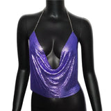 Sexy Metal Sequins Tank Top For Women 2025 Summer V Neck Backless Crop Tops Luxury Solid Short Party Nightclub Tank Tops