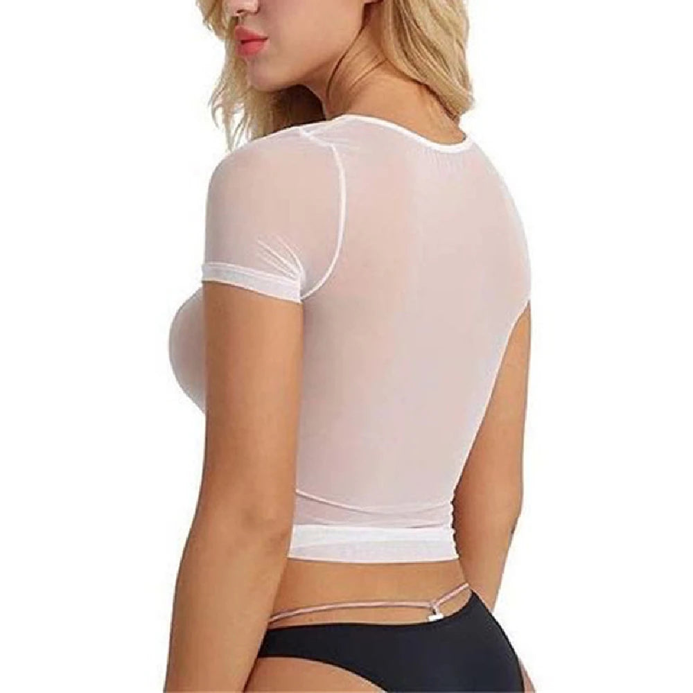Sexy Women T Shirt See Through Mesh Black Long Sleeve Bodysuit Sheer Slim Turtleneck Tulle Crop Top T-Shirt Transparent Clubwear