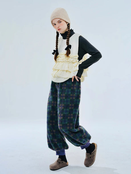 Green Plaid Lamb Wool Lantern Pants Female clothing women's pants and trousers Elastic Waist Loose Baggy Trousers for woman