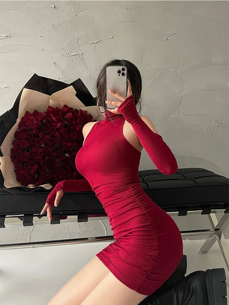 Sexy Mini Dress Women's Oversleeve Pleated Bodycon Dress High Neck Autumn Black Shinny Elastic Party Tank Hip Wrap Dresses Club