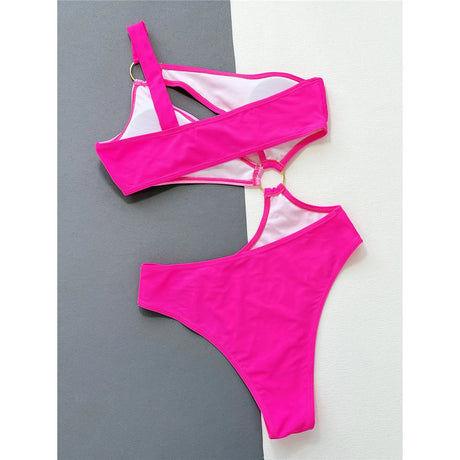 Sexy Pink Asymmetric Splicing One Shoulder Women Swimwear One Piece Swimsuit Female Monokini Cut Out Bathing Suit Bather V4674