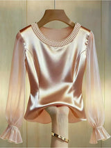 Pearl Beaded Round Neck Long Sleeve Blouse Satin Sheer Top For Women Elegant