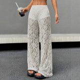 Pantalones De Mujer 2025 New Fashionable Personalized Solid Color Lace Jacquard Micro Transparent Straight Leg Casual Pants
