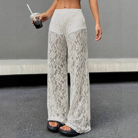 Pantalones De Mujer 2025 New Fashionable Personalized Solid Color Lace Jacquard Micro Transparent Straight Leg Casual Pants