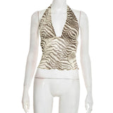 Halter V Neck Striped Print Tank Top Women Backless Sleeveless Bare Midriff Halter Crop Tops Female Tube Top Cropped Vest