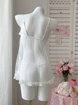 Ellolace Romantic Women's Casual Dresses Tempted Solid Sheer Cute Dress Thong 2PC Set Innocent Bownkow Decor Ruffled Sleepwear
