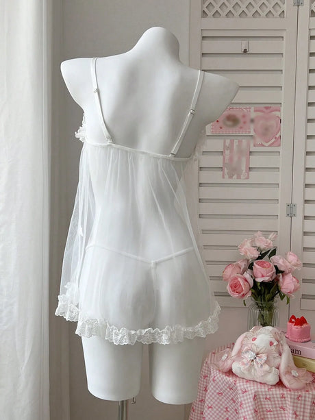 Ellolace Romantic Women's Casual Dresses Tempted Solid Sheer Cute Dress Thong 2PC Set Innocent Bownkow Decor Ruffled Sleepwear