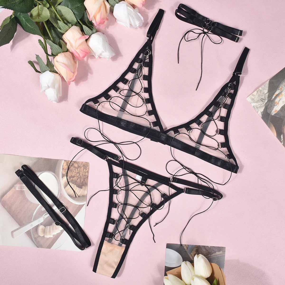 Ellolace Tempted Women's Lingerie Sets Erotic Bra Thong Leg Straps Delicate Sheer Outfit Sensual Intimate Sexy Women's Underwear