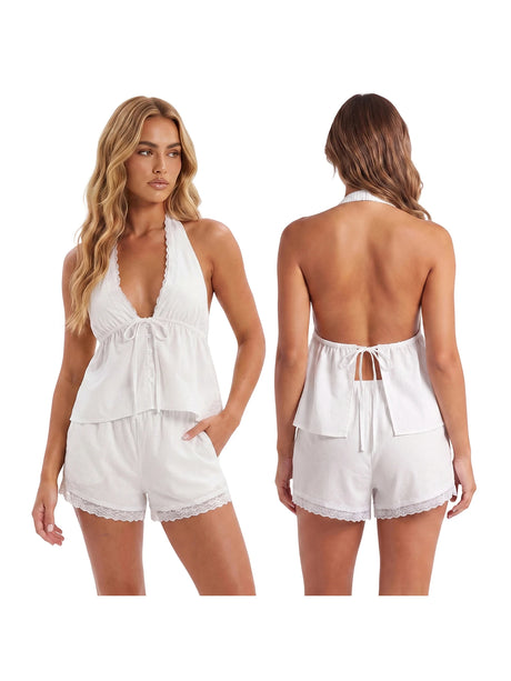 Women Summer Casual Outfit Lace Trim Halter Babydoll Tops and Shorts Solid Color 2 Pieces Sets