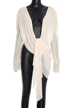 Beyprern Chic Y2K Aesthetic Plunging Neckline Mesh Top Female Draped Asymmetrical Long Sleeve Cover Up Blouse Night Out Clubwear
