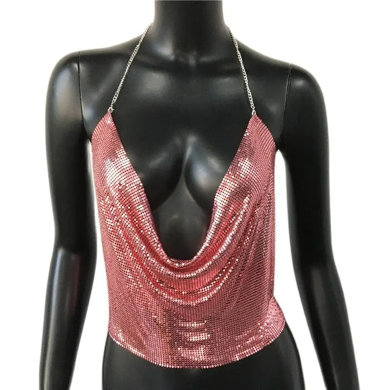 Sexy Metal Sequins Tank Top For Women 2025 Summer V Neck Backless Crop Tops Luxury Solid Short Party Nightclub Tank Tops