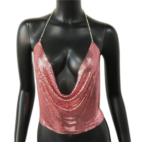 Sexy Metal Sequins Tank Top For Women 2025 Summer V Neck Backless Crop Tops Luxury Solid Short Party Nightclub Tank Tops