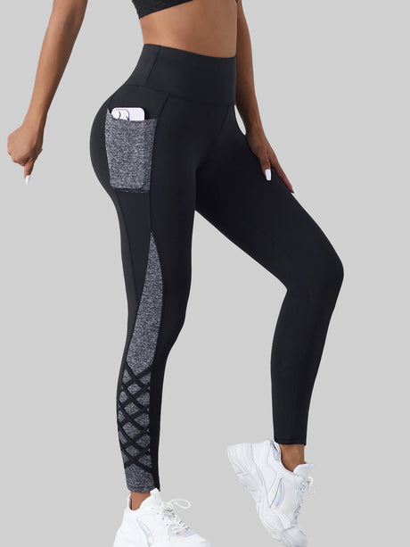 Contrast Geometric Print Pocket Yoga Leggings for Women, High Waist Compression Workout Gym Fitness Trousers