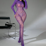 Sexy Lace See-Through Bodysuit Long Sleeve Fishnet Jumpsuits Elastic Night Club Jump Suits for Women Sexy Pole Dancing Overalls