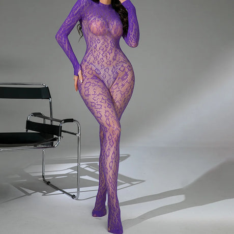 Sexy Lace See-Through Bodysuit Long Sleeve Fishnet Jumpsuits Elastic Night Club Jump Suits for Women Sexy Pole Dancing Overalls