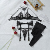 Sexy Lace Faux Leather Underwear Set Harness Bra Choker Garter Belt Thong Stockings Seductive Romantic Lingerie Set of Woman
