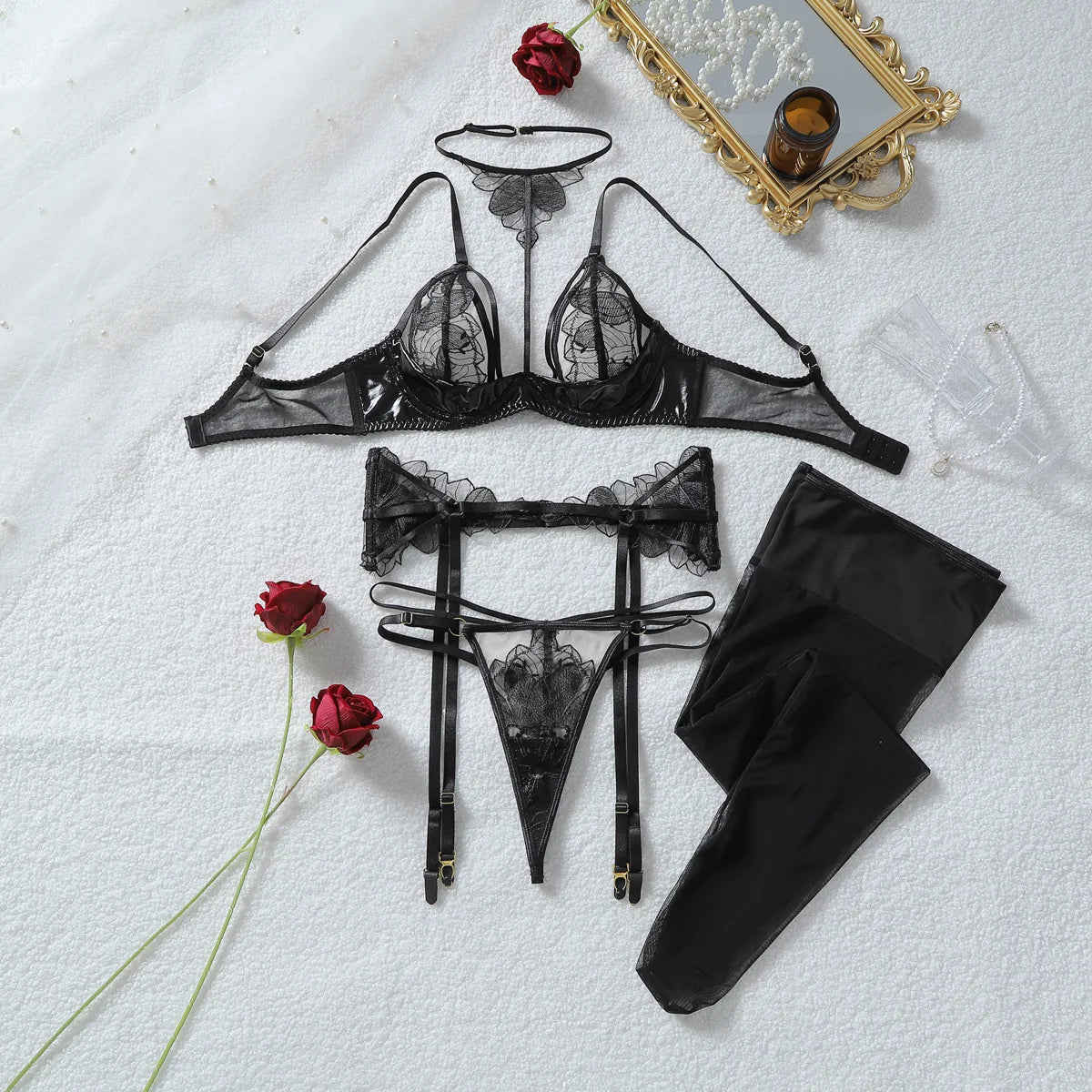 Sexy Lace Faux Leather Underwear Set Harness Bra Choker Garter Belt Thong Stockings Seductive Romantic Lingerie Set of Woman